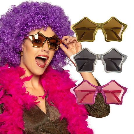 Colorful star-shaped party glasses for adults made of polycarbonate and acrylic, suitable for men and women, displayed on a card.