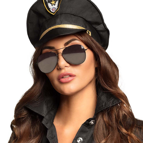 Police party sunglasses for adults, featuring a stylish design with iron, acrylic, and polycarbonate materials, perfect for police, SWAT, rock, and punk themed costumes.