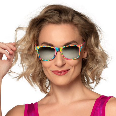 Colorful party fantasy sunglasses for adults, featuring a multicolor design and durable polycarbonate frame, perfect for festivals and celebrations.