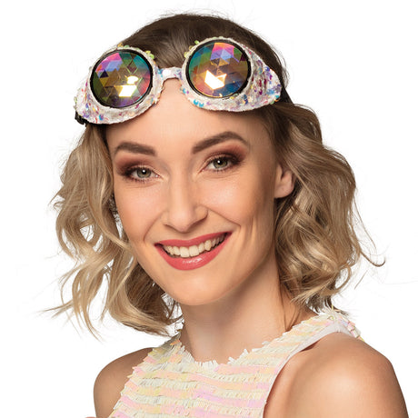 Silver party Mirage sunglasses for adults, stylish festival eyewear with metallic finish, unisex design, displayed on hanging card.