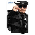 Set of three black party sunglasses for adults made of 100% polycarbonate, suitable for men and women, displayed on a card.