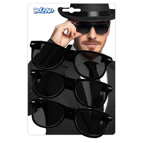 Set of three black party sunglasses for adults made of 100% polycarbonate, suitable for men and women, displayed on a card.