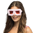Pink fluffy party glasses for adults, made of polycarbonate and acrylic, unisex novelty eyewear accessory.
