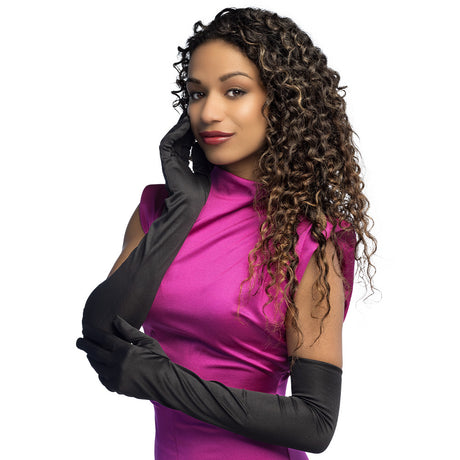 Pair of black Los Angeles opera gloves for adults, unisex, made of 100% polyester, elegant long design ideal for formal occasions.