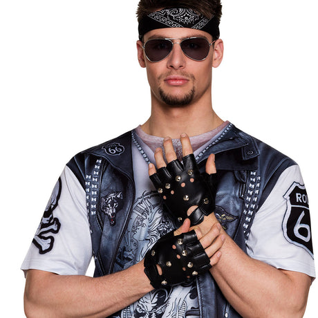 Black biker gloves with wrist support made of polyurethane and iron, rock and punk style, unisex for adults.