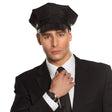Black chauffeur hat for men made of polystyrene, polyester, polyurethane, and iron, adult size 59 cm, displayed with hangtag.