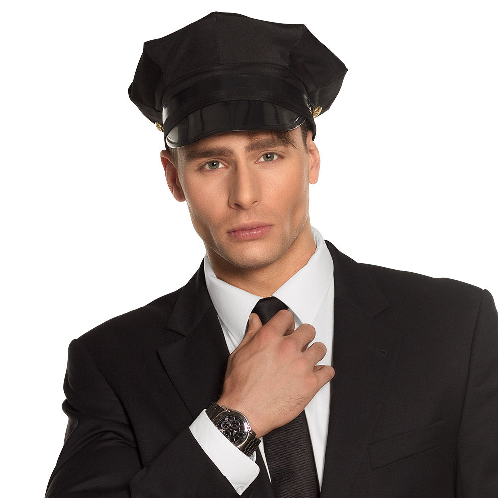 Black chauffeur hat for men made of polystyrene, polyester, polyurethane, and iron, adult size 59 cm, displayed with hangtag.