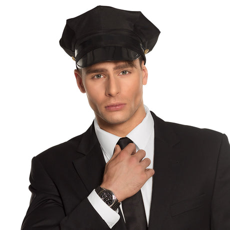 Black chauffeur hat for men made of polystyrene, polyester, polyurethane, and iron, adult size 59 cm, displayed with hangtag.