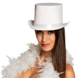 White gala hat for adults with elastic inner band, made of polyester and PVC, suitable for men and women, ideal for formal events.