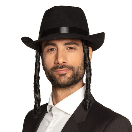 Black Rabbi David hat for men, made of felt with side shields, featuring 55% polyester and 45% EVA material, ideal for religious occasions.
