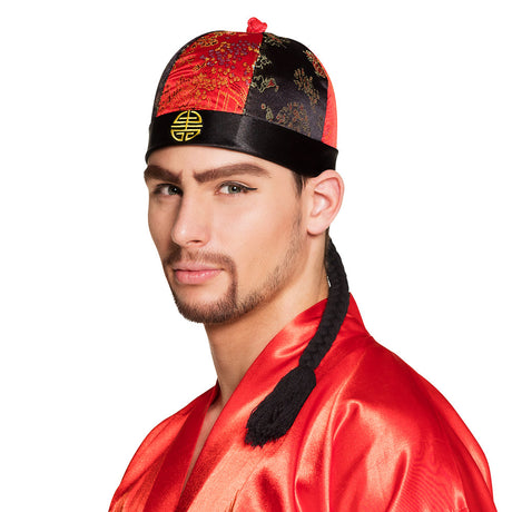 Mandarin hat for men with attached hair, made of 100% polyester, adult size, displayed with hangtag.
