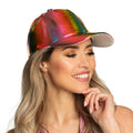 Adjustable rainbow holographic cap for adults, featuring vibrant multicolor design, festival style, and durable materials including polyurethane, polyester, PVC, polypropylene, and iron.