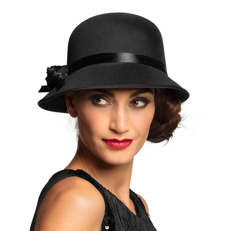 Black 1920s flapper hat for women made of 100% polyester, vintage Charleston style, adult size.