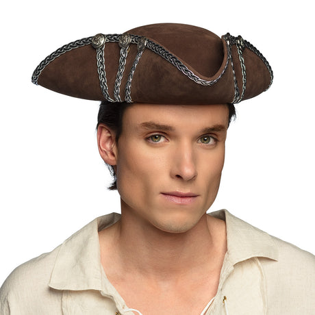 High quality brown pirate hat for men with inner elastic band, made of polyester, EVA, and iron, perfect for adult pirate costumes.