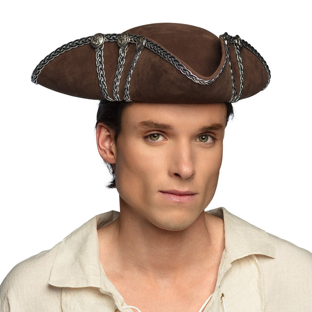 High quality brown pirate hat for men with inner elastic band, made of polyester, EVA, and iron, perfect for adult pirate costumes.