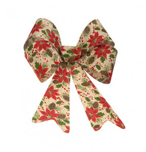 The image shows a decorative bow made of jute fabric, featuring a festive poinsettia pattern in red and green, suitable for holiday or Christmas-themed parties.