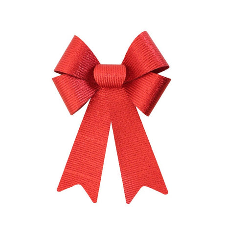 The image shows a large, shiny red bow with a metallic finish, likely intended for decorative purposes at a party or festive event.