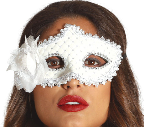 White wolf mask with flower detail for women, Venetian carnival accessory made of polyester and PVC, elegant masquerade costume mask.