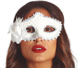 Masque loup blanc avec fleur - polyester - carnaval