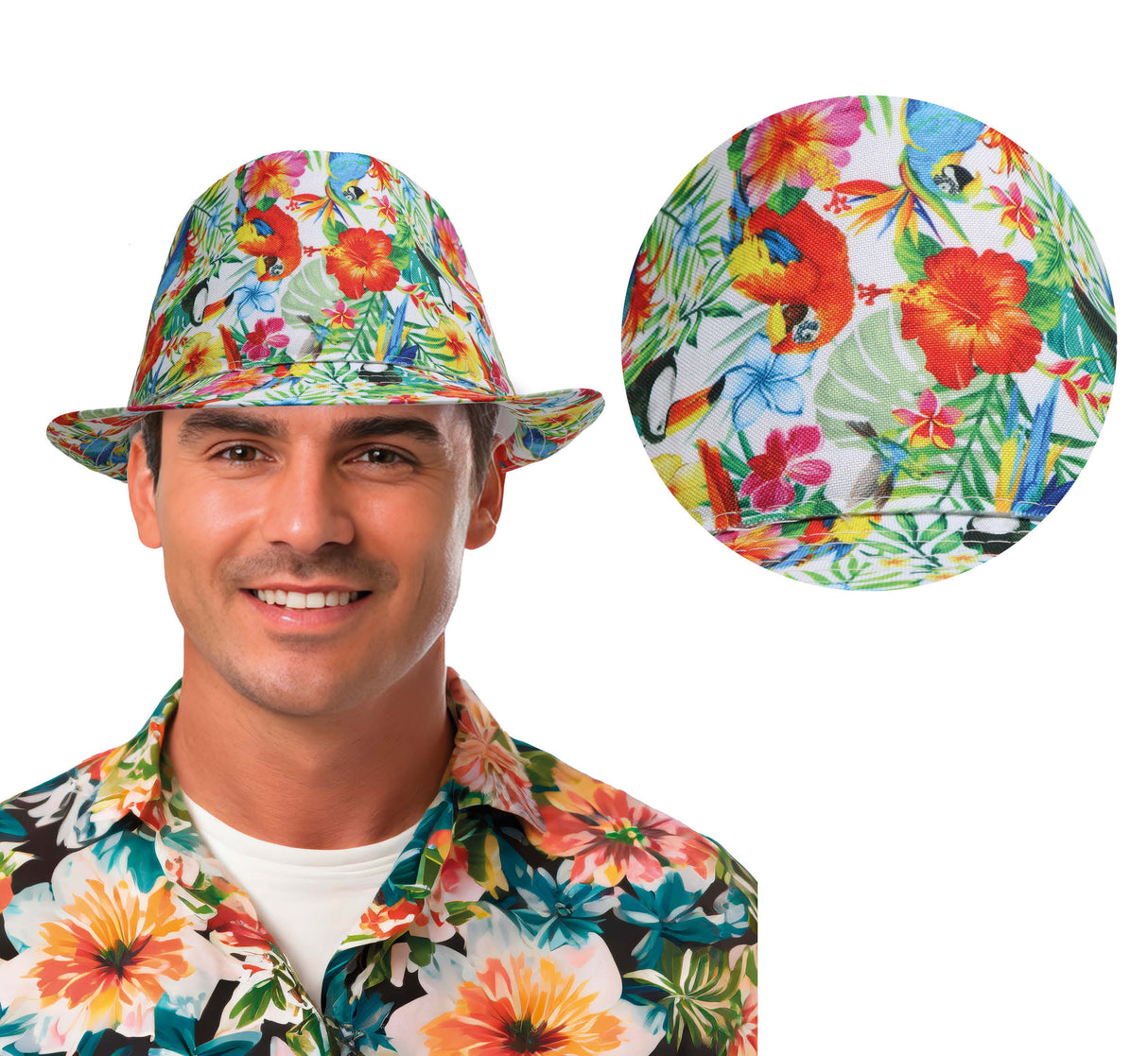 Multicolor tropical bucket hat for adults made of polyester, perfect summer accessory for Hawaiian-themed outfits.