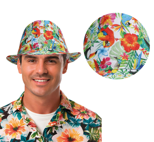 Multicolor tropical bucket hat for adults made of polyester, perfect summer accessory for Hawaiian-themed outfits.