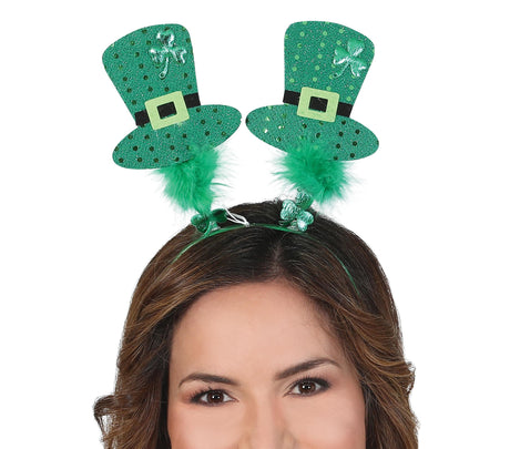 Green felt and PVC St. Patrick's Day top hat tiara accessory for unisex adults, festive party headband.