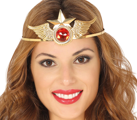 Gold metallic superheroine tiara for adult women, metal accessory with shiny finish, perfect for superhero costumes and cosplay.