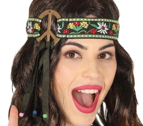 Multicolor hippie headband made of polyester and PVC, unisex adult accessory inspired by 60s fashion.