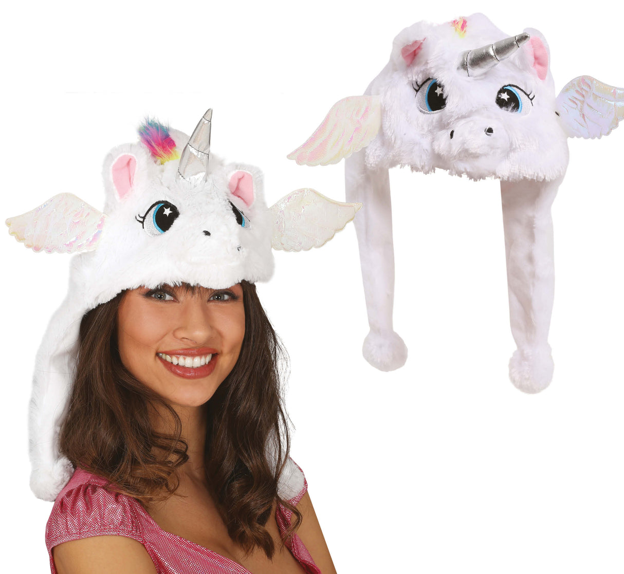White unicorn bonnet made of polyester, whimsical unicorn hat accessory for adults, fantasy costume headwear.