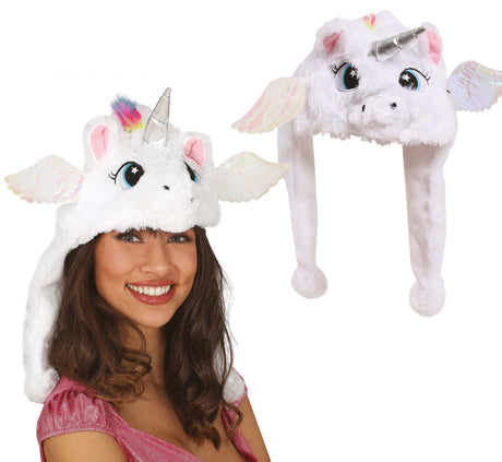 White unicorn bonnet made of polyester, whimsical unicorn hat accessory for adults, fantasy costume headwear.