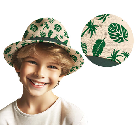 Children's summer hat made of polyester in straw and green colors, Hawaiian theme, perfect for beach or outdoor accessories.