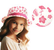 Children's summer hat made of polyester in straw and pink colors with flamingo and Hawaii theme, perfect beach accessory.