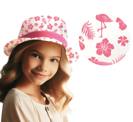 Children's summer hat made of polyester in straw and pink colors with flamingo and Hawaii theme, perfect beach accessory.
