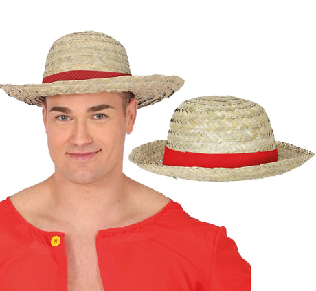 Straw hat with red ribbon for adults, unisex summer accessory, perfect for fairy tale costumes and outdoor events.