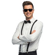 Classic black accessory set for adults featuring suspenders, bow tie, and party glasses, ideal for formal events and costume parties.