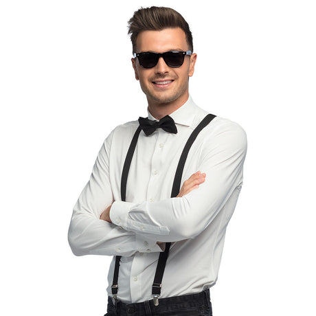 Classic black accessory set for adults featuring suspenders, bow tie, and party glasses, ideal for formal events and costume parties.