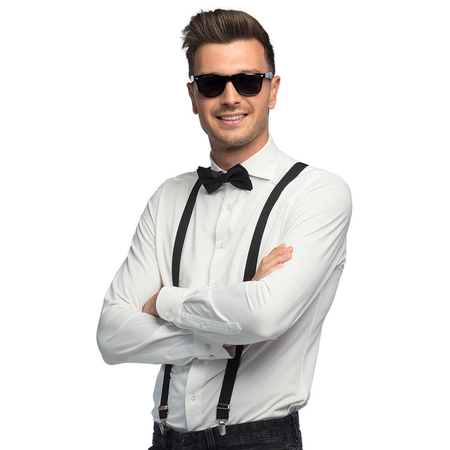 Classic black accessory set for adults featuring suspenders, bow tie, and party glasses, ideal for formal events and costume parties.