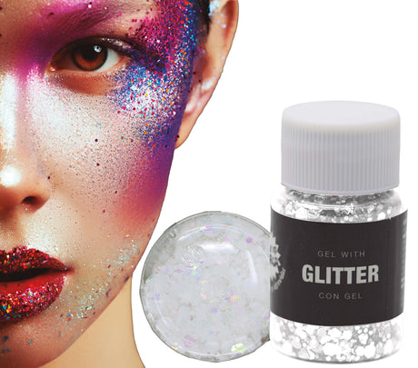 White glitter gel makeup accessory for Halloween and party costumes, 20g tube, ideal for face and body decoration.