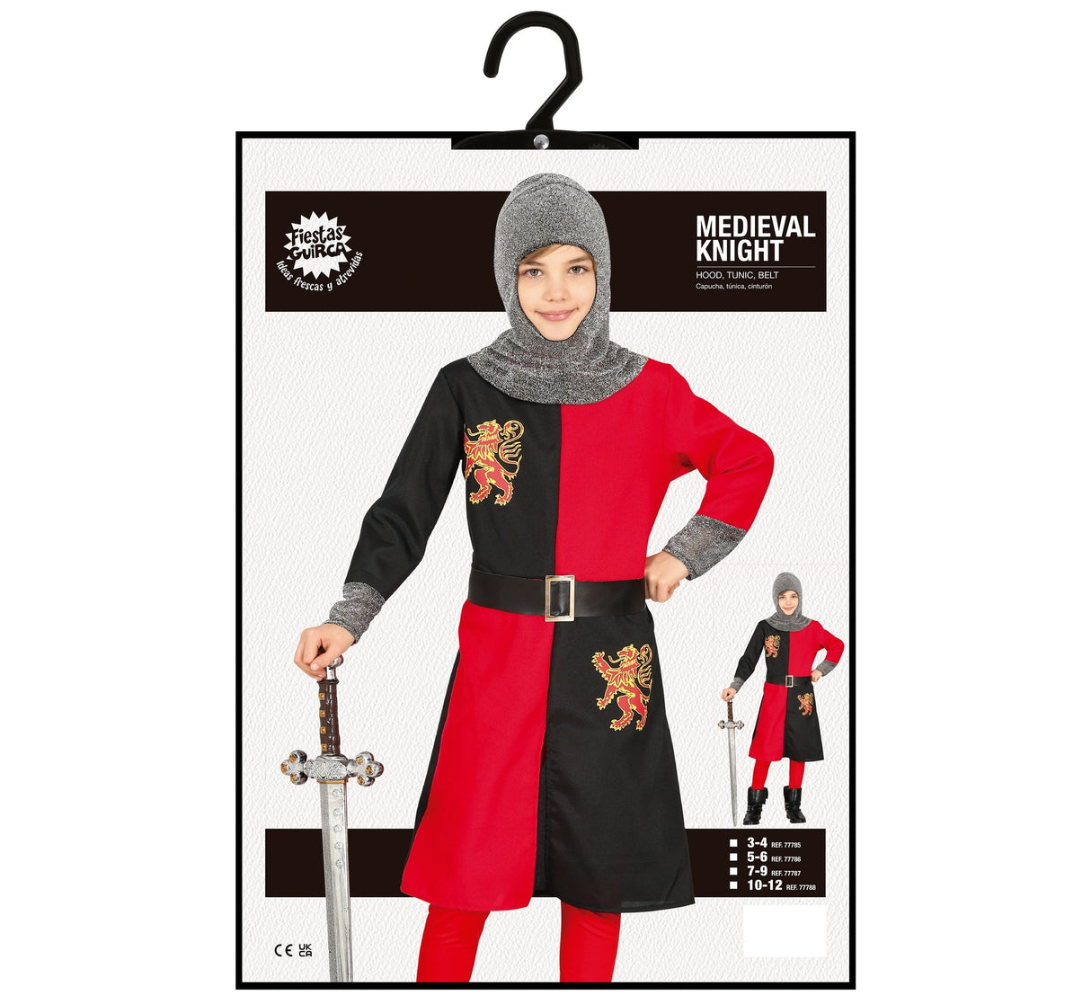 Red and black medieval knight costume for children aged 7-9