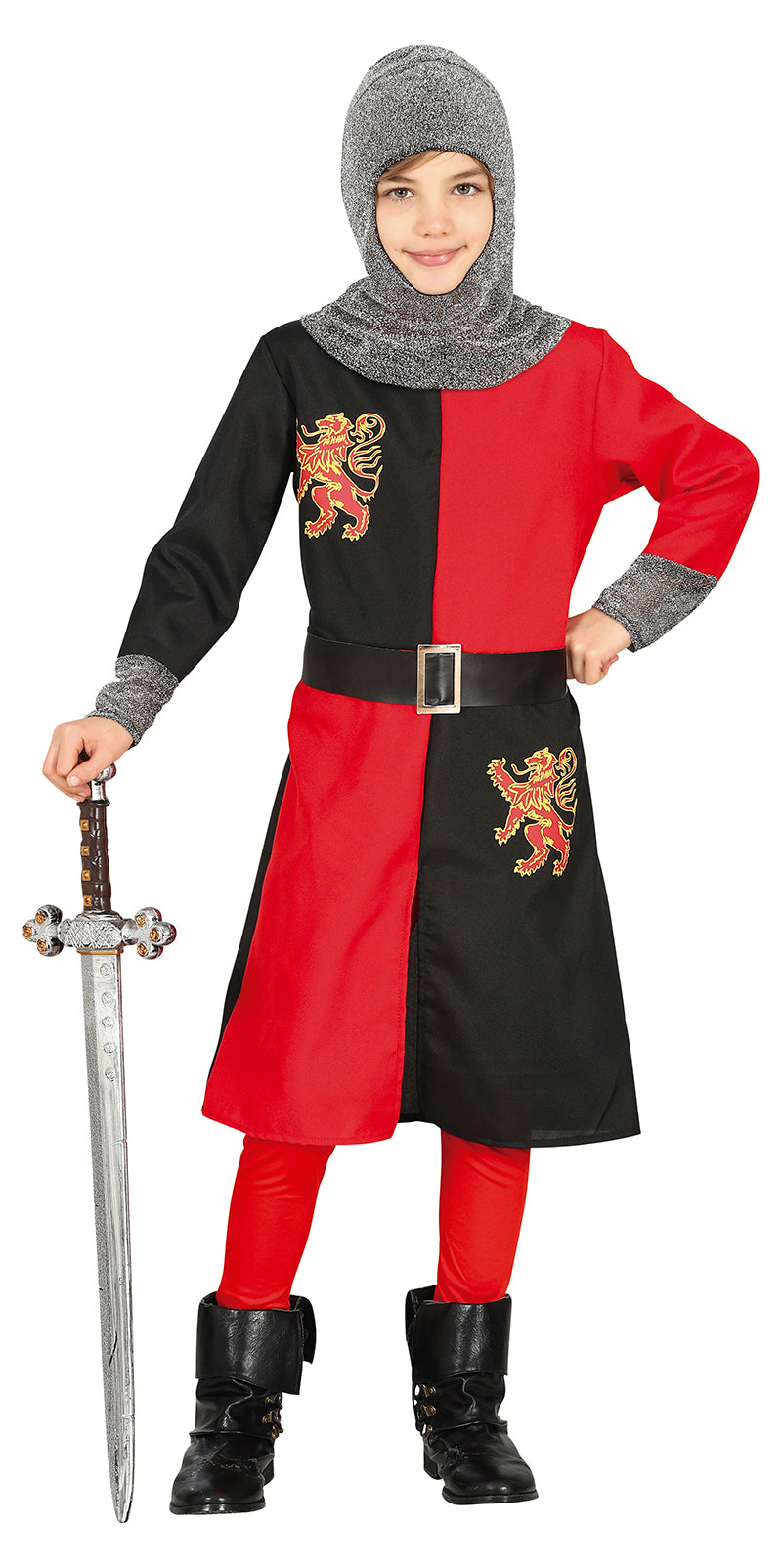 Red and black medieval knight costume for children aged 7-9
