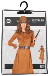 Adult cowgirl costume, brown polyester, size 42-44