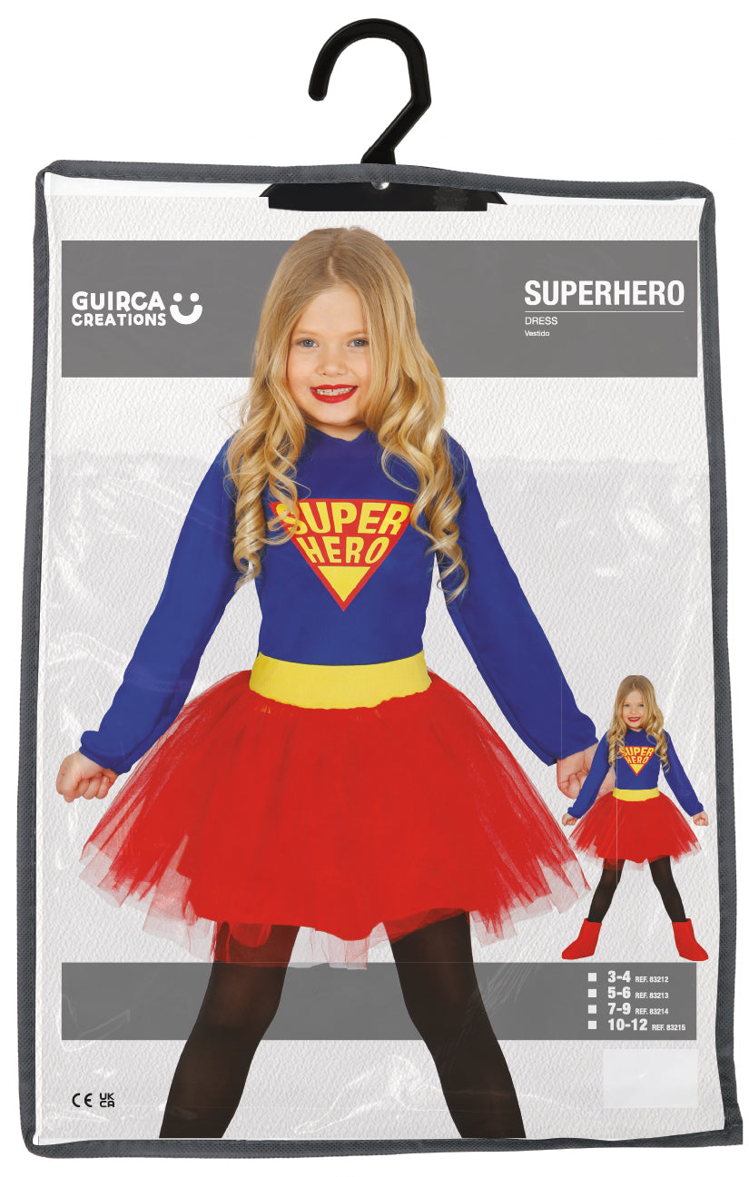 Blue and red superhero costume for girls, ages 5-6