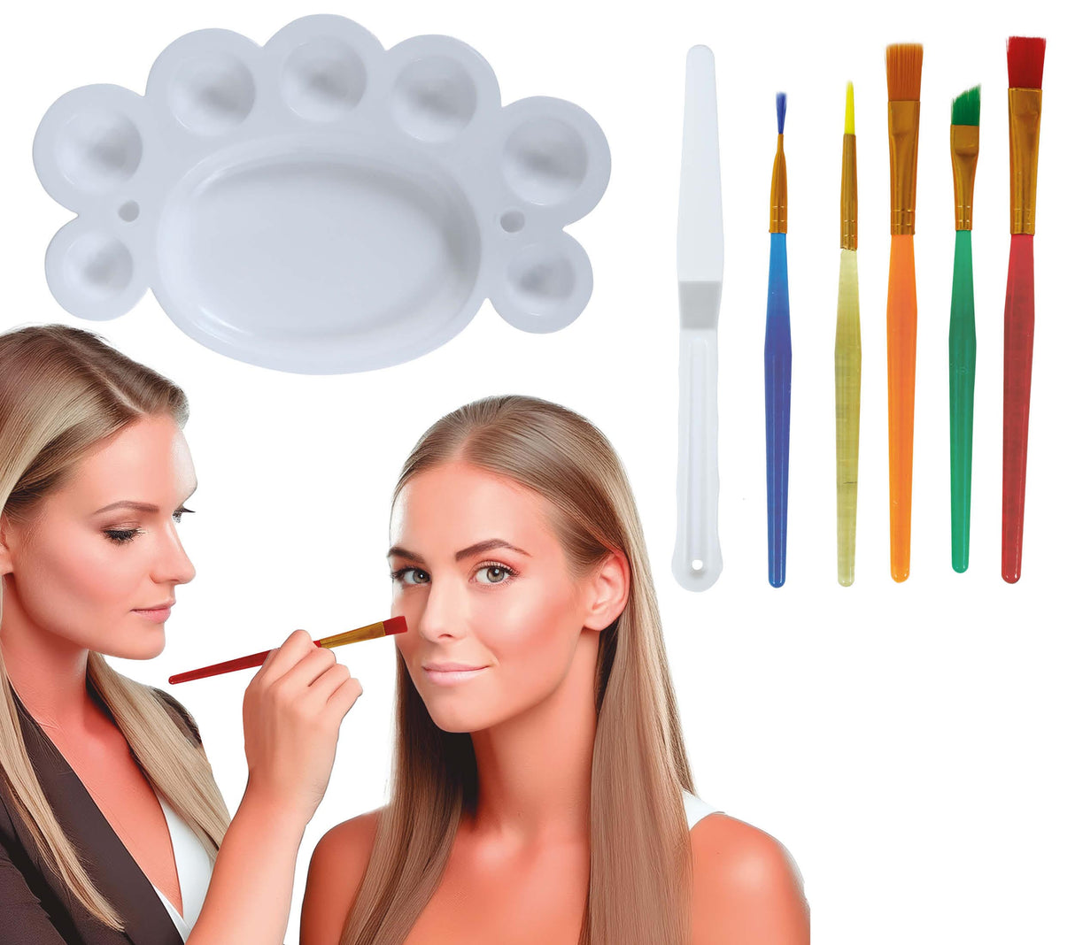 Multicolor makeup set with five brushes, palette, and spatula made of PVC, ideal for birthday party face painting.