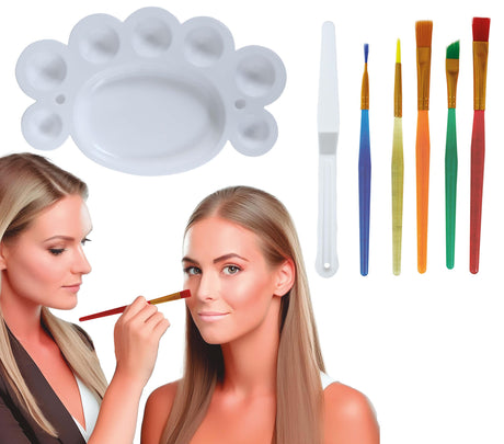 Multicolor makeup set with five brushes, palette, and spatula made of PVC, ideal for birthday party face painting.