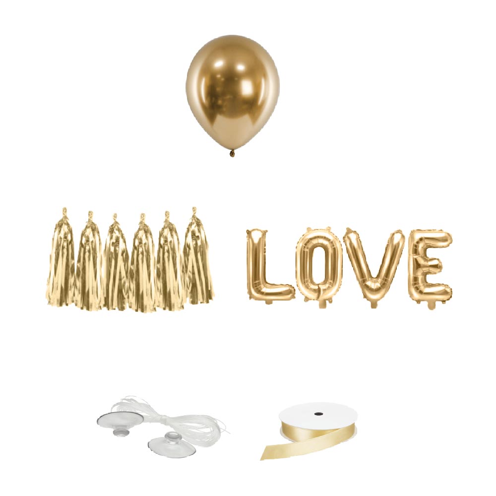 Hochzeitsauto-Deko-Set – LOVE-Girlande und goldene Ballons