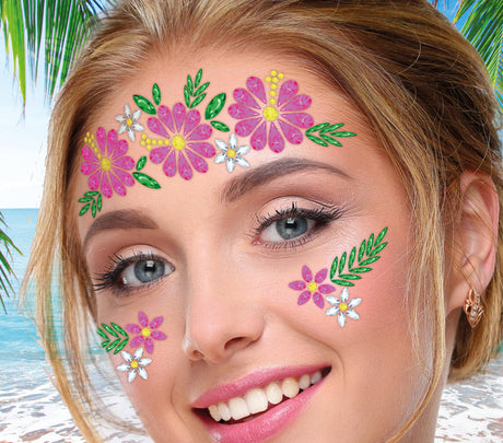 Multicolor resin face jewelry with floral design for women, perfect for summer and graduation makeup looks.