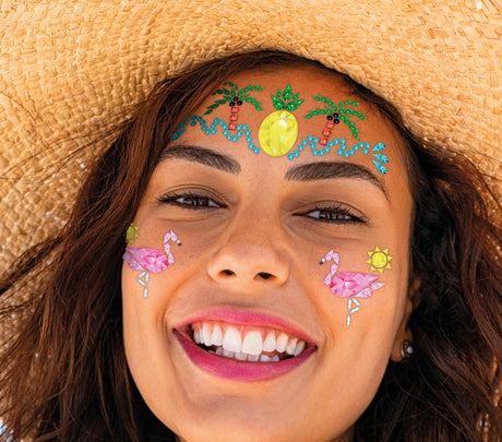 Tropical multicolor resin face jewels for women, perfect for summer and graduation makeup looks, inspired by Hawaiian themes.