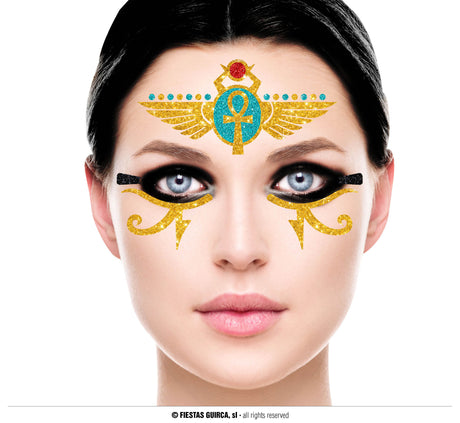 Multicolor vinyl Egyptian-inspired face glitter makeup accessory for women, ideal for creating bold festival or costume looks.