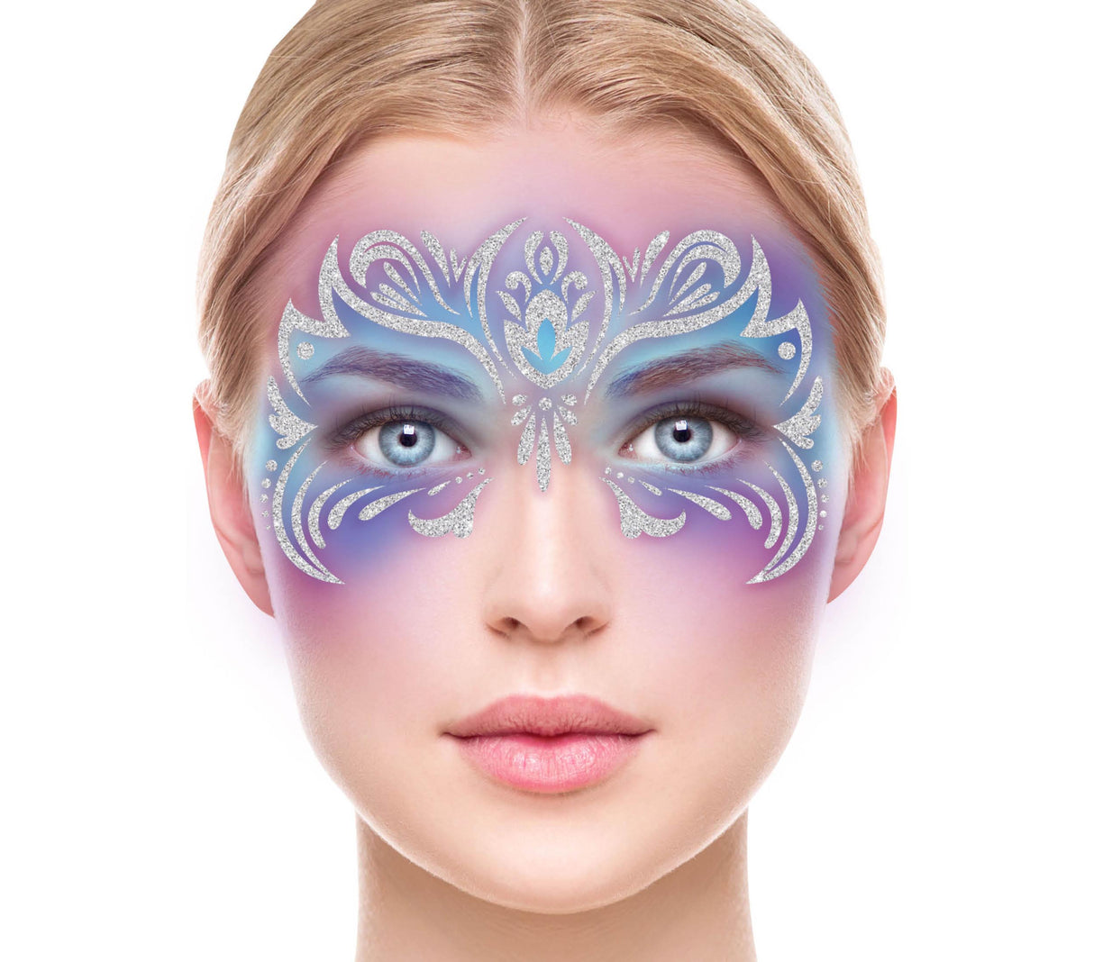 Multicolor vinyl face glitter makeup accessory for women, ideal for princess, fairy tale, and mermaid themed looks.