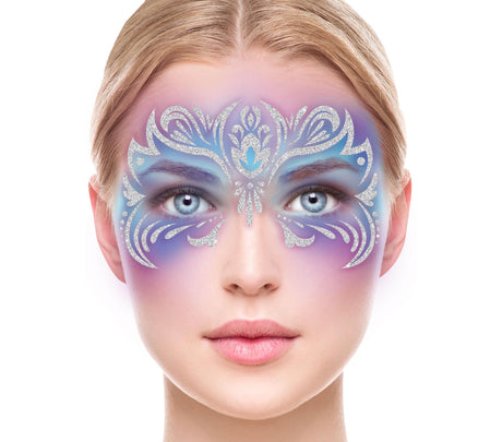 Multicolor vinyl face glitter makeup accessory for women, ideal for princess, fairy tale, and mermaid themed looks.